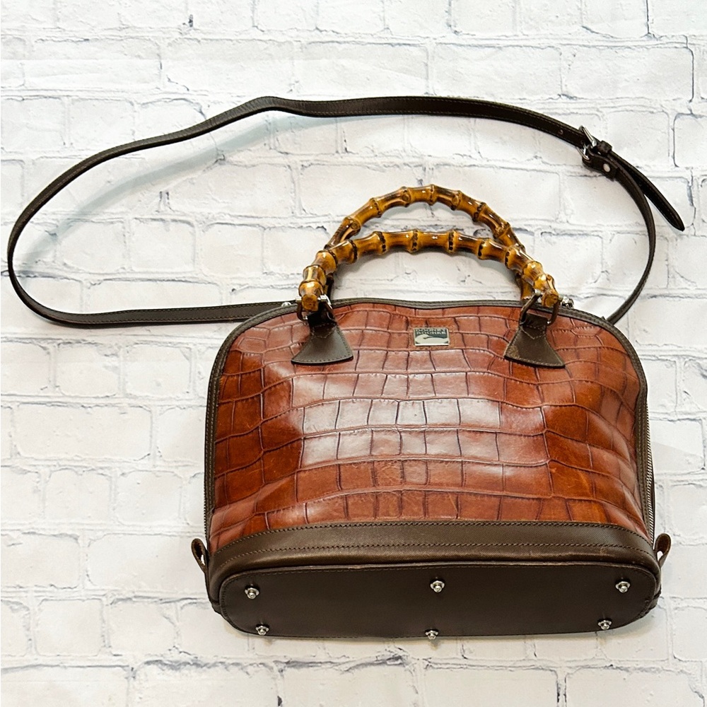 Dooney & Bourke Brown Croc-Embossed Satchel with Bamboo Handles - Vintage VGUC - Picture 2 of 15